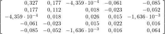 \left[\begin{array}{rrrrr}{0,327} & {0,177} & {-4,359 \cdot 10^{-4}} & {-0,061} & {-0,085} \\ {0,177} & {0,112} & {0,018} & {-0,023} & {-0,052} \\ {-4,359 \cdot 10^{-4}} & {0,018} & {0,026} & {0,015} & {-1,636 \cdot 10^{-3}} \\ {-0,061} & {-0,023} & {0,015} & {0,022} & {0,016} \\ {-0,085} & {-0,052} & {-1,636 \cdot 10^{-3}} & {0,016} & {0,064}\end{array}\right]